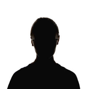 Silhouette of woman in glasses looking at camera isolated on white